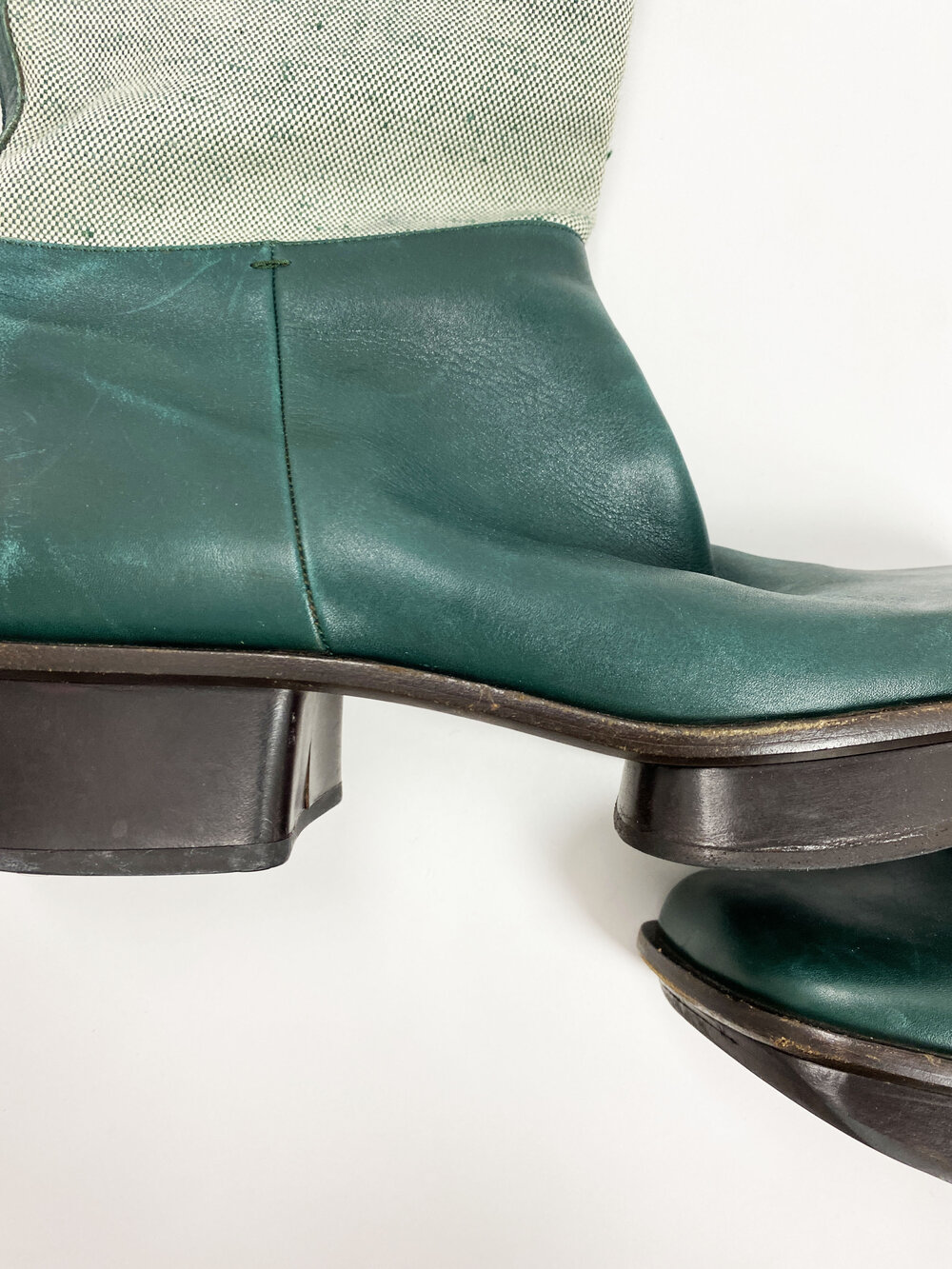 Prada S/S 1999 split platform green logo boots — JAMES VELORIA Prada S/S 1999 split platform green logo boots — JAMES VELORIA